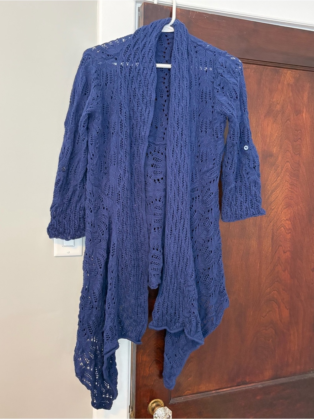 Coldwater Creek Sweater Small (6-8) Blue Open Knit Pointelle Crochet Cotton Lace